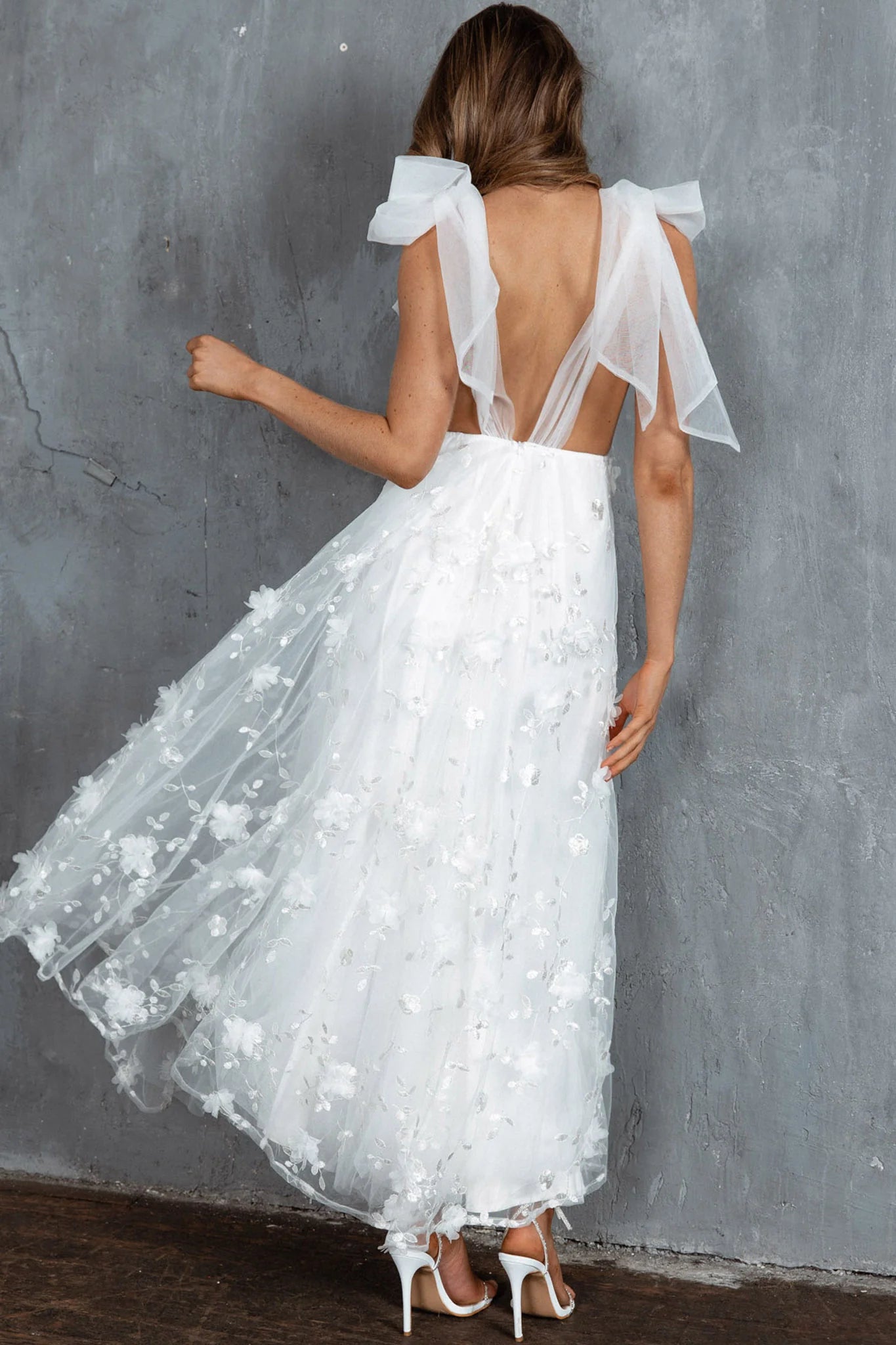 Robe Weitese longue à épaules nouées, col en V, dos nu, blanche, sans manches, coupe trapèze, robe de bal